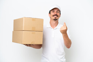 Delivery caucasian man isolated on white background doing coming gesture