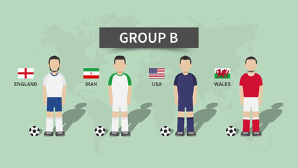 Qatar soccer cup tournament 2022 . 32 teams group stages and cartoon character with jersey and country flags . Flat design . Vector .