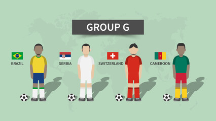 Qatar soccer cup tournament 2022 . 32 teams group stages and cartoon character with jersey and country flags . Flat design . Vector .