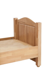 Wooden sleeping bed. New wooden bed frame on white background view sideways.