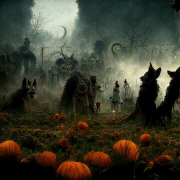 Halloween Scene With Mystical Atmosphere, Dark Scary Mood, With Pumpkins, Dark Clouds And Sky, Illustration For Use In Movies, Games And Books