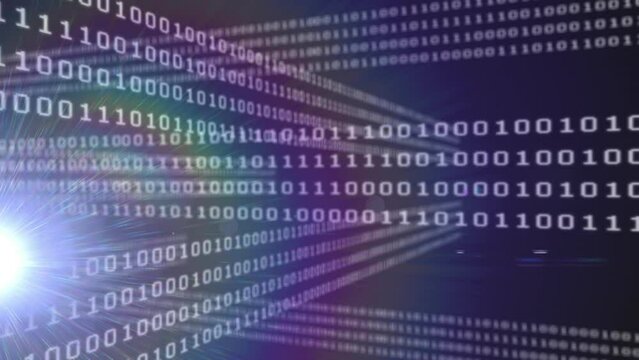 Animation of data processing and binary coding on blue background