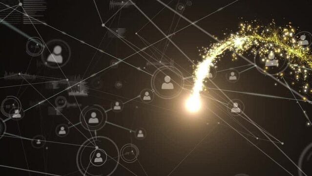 Animation of network of connections with icons and shooting star on black background