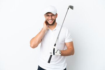 Handsome young man playing golf  isolated on white background laughing