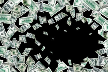 Hundred dollar bill. Falling money isolated on black background. American cash.