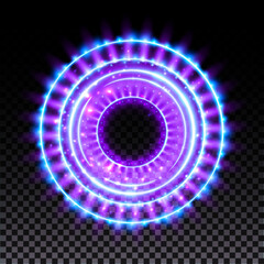 Purple hologram portal. Magic fantasy portal. Magic circle with halo effect. Vector blue glow scifi teleport with sparks and hologram, technology background.