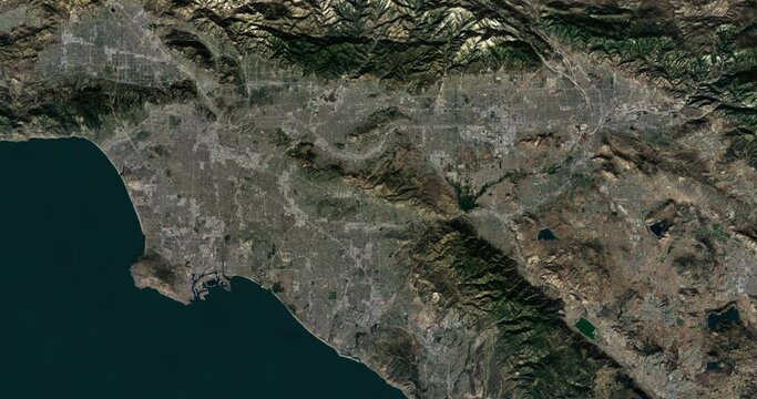 Los Angeles south to north map with 3d relief 4K satellite ground top height