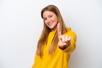 Young caucasian woman isolated on white background showing and lifting a finger