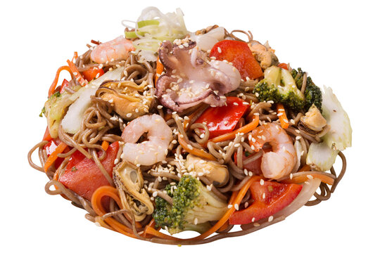 Thai noodles with seafood, tomatoes and broccoli, ingredients - shrimp, mussels and octopus, on a white background, isolate
