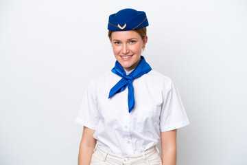 Airplane stewardess woman isolated on white background laughing