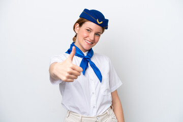 Airplane stewardess woman isolated on white background with thumbs up because something good has happened