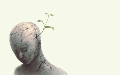 Concept art of nature, life, hope, freedom, environment and spiritual. Conceptual surreal artwork. A tree growing on a human head. painting 3d illustration.