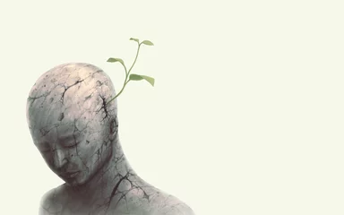 Fotobehang Concept art of nature, life, hope, freedom, environment and spiritual. Conceptual surreal artwork. A tree growing on a human head. painting 3d illustration. © Jorm Sangsorn