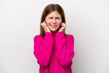 Young English woman isolated on white background frustrated and covering ears