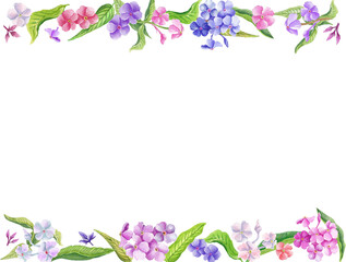 Fototapeta na wymiar Watercolor border with summer flowers. Transparent layer
