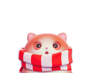 Head peeking funny cartoon fluffy surprised cute curious fat kawaii ginger cat wears white red striped scarf with open mouth, big orange eyes wide open, pink ears. 3d render isolated on white backdrop