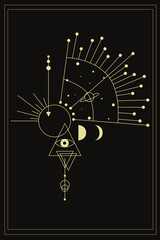 vector illustration, crystals and solar system, phases of the moon. Patterns of the sky in the style of vintage engravings. Astronomy and astrology. Magical and mystical signs. Zodiac signs