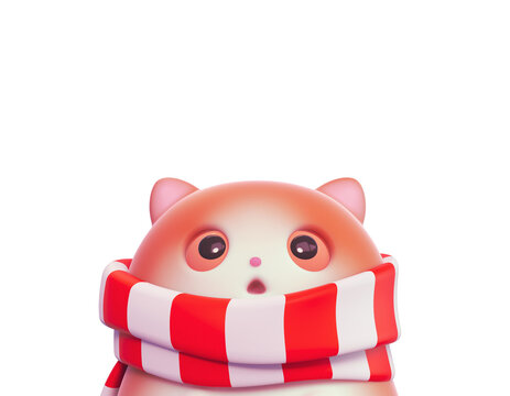 Head peeking funny cartoon fluffy surprised cute curious fat kawaii ginger cat wears white red striped scarf with open mouth, big orange eyes wide open, pink ears. 3d render isolated on white backdrop