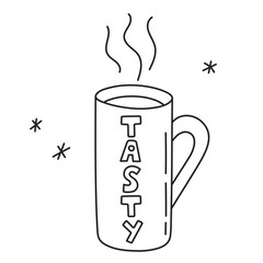 Coffee or tea cup, traditional beverage. Mug of invigorating morning hot drink. Doodle hand-drawn sketch style. Editable stroke. Isolated. Vector illustration.