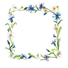  Watercolor frame with summer flowers. Transparent layer