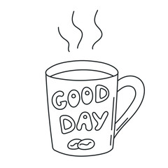 Coffee cup, grain beverage. Mug of invigorating americano cappuccino, espresso, morning hot drink. Doodle hand-drawn sketch style. Editable stroke. Isolated. Vector illustration.