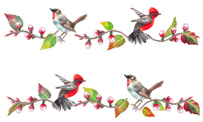  Watercolor seamless border with spring  flowers and birds. Transparent layer