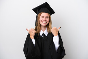 Young university graduate English woman isolated on white background with thumbs up gesture and smiling