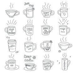 Coffee and tea cups set, traditional beverages. Mugs of invigorating morning hot drinks. Doodle hand-drawn sketch style. Editable stroke. Isolated. Vector illustration.