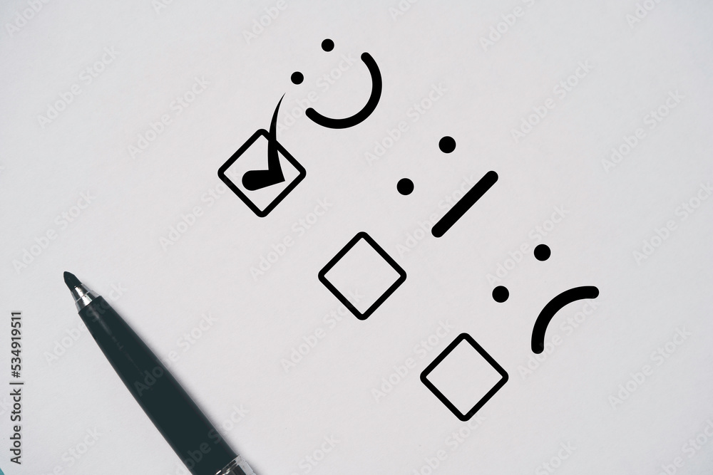 Aufkleber User use pen to check mark select smile face for customer evaluation survey after client use product and service , Customer excellent concept.