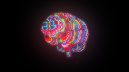 Meta Brain, 3D render of human brain with glow colourful surface