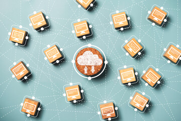 Cloud computing icon linkage connection with computer laptop icon for Cloud technology transfer data information to upload download application. Technology transformation concept.