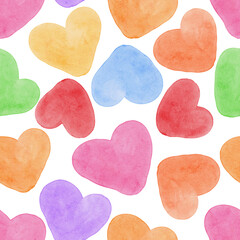 Obraz premium Colorful Watercolor hand drawn hearts seamless pattern background