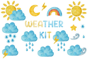 Watercolor Hand drawn Weather Kit, Kids baby cute illustrations