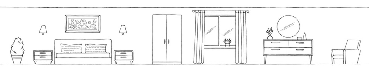 Bedroom graphic black white home interior long sketch illustration vector 