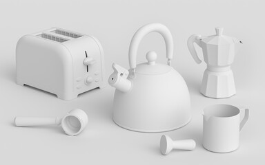 Kettle, toaster, coffee machine horn and geyser coffee maker on monochrome.
