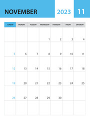 November 2023 template, Calendar 2023 template vector, planner monthly design, desk calendar 2023, wall calendar design, minimal style, advertisement, poster, printing media, simple creative vector - obrazy, fototapety, plakaty