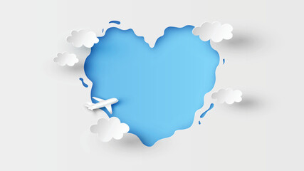 Paper sky carving in a heart shape decorate with clouds and plane flying on the sky. Happy Valentine’s day. paper cut and craft style. vector, illustration.
