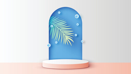 Circle stage podium for Summer with bubble, tropical leaves background and blank space. Summer mockup template. paper cut and craft style. vector, illustration.