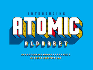Comic 3d display style alphabet design with uppercase, numbers and symbols