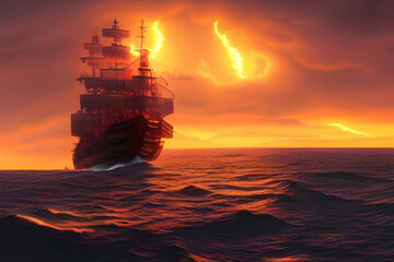 Fototapeta premium Sailboat in the sea at sunset. Amazing 3D landscape. Digital illustration. CG Artwork Background
