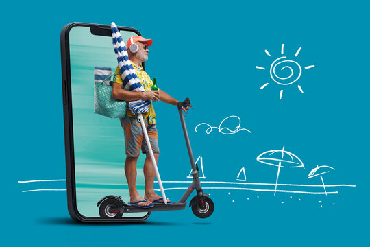 Tourist riding an electric scooter and smartphone