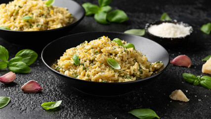 Creamy Garlic and parmesan orzo pasta with lemon zest and parsley