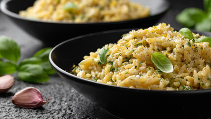 Creamy Garlic and parmesan orzo pasta with lemon zest and parsley