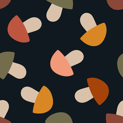 Seamless vector mushroom pattern, Repeated autumn print, Cozy seasonal design, Woodland background, Flat mashroom design wallpaper, Colorful fungi ornament, Trendy design for print on fabric