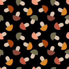 Seamless vector mushroom pattern, Repeated autumn print, Cozy seasonal design, Woodland background, Flat mashroom design wallpaper, Colorful fungi ornament, Trendy design for print on fabric