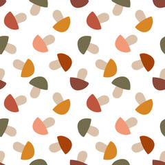 Seamless vector mushroom pattern, Repeated autumn print, Cozy seasonal design, Woodland background, Flat mashroom design wallpaper, Colorful fungi ornament, Trendy design for print on fabric
