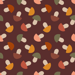 Seamless vector mushroom pattern, Repeated autumn print, Cozy seasonal design, Woodland background, Flat mashroom design wallpaper, Colorful fungi ornament, Trendy design for print on fabric