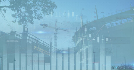 Image of financial data processing and wind turbines over building site