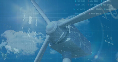 Image of financial data processing over wind turbine