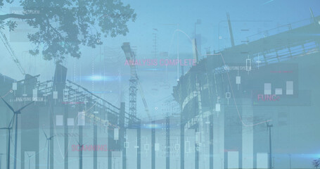 Image of financial data processing and wind turbines over building site